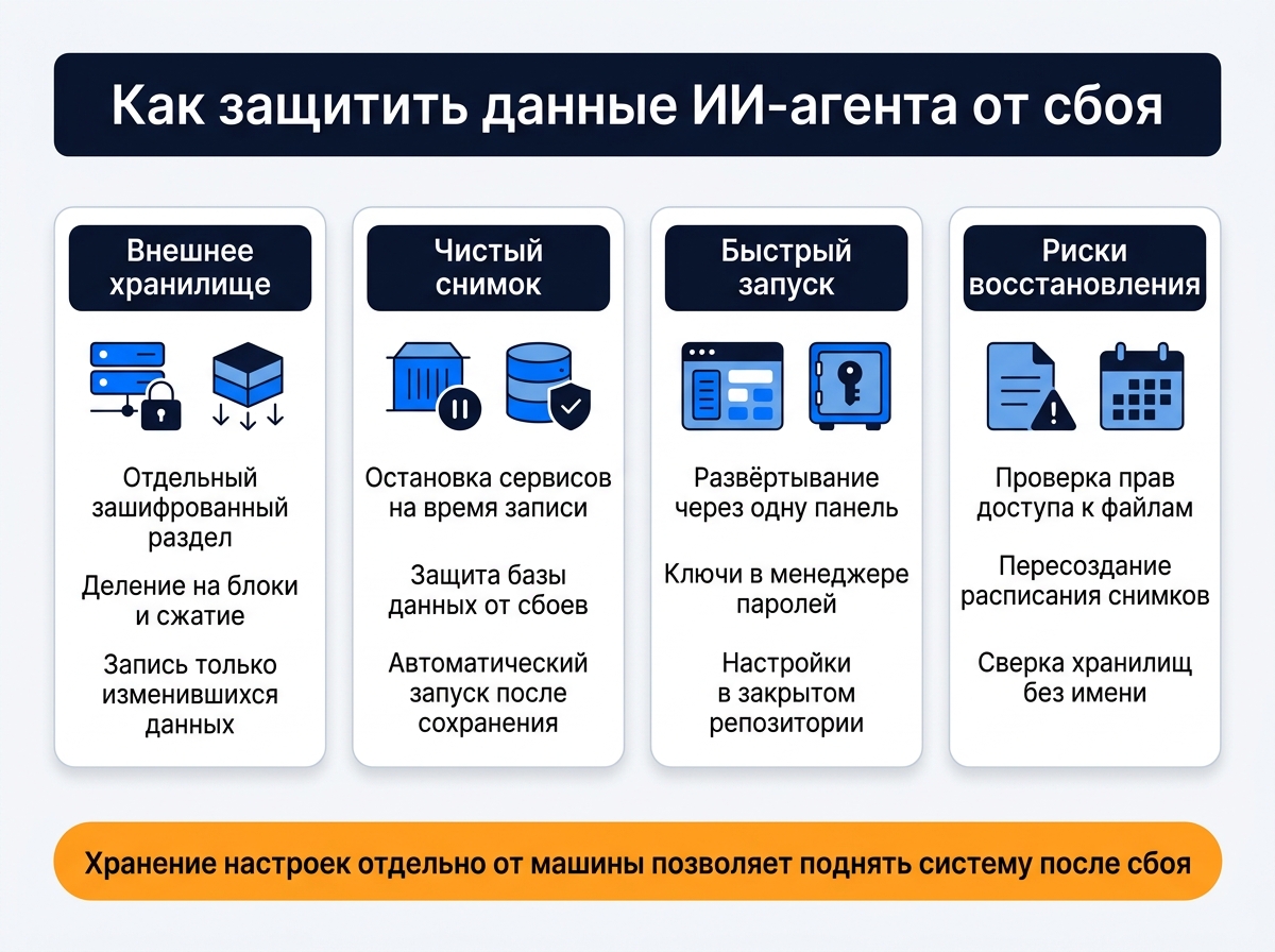 Как защитить данные ИИ-агента от сбоя: внешнее хранилище, чистый снимок, быстрый запуск и риски восстановления