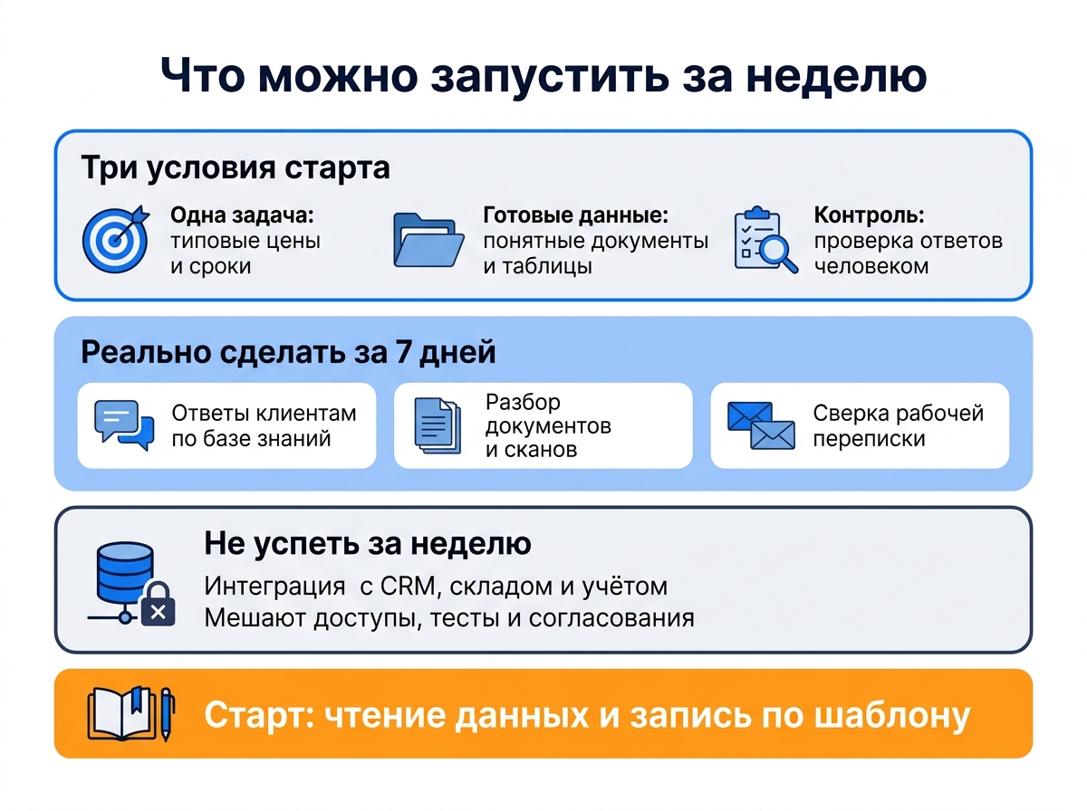 Сводка статьи: три условия старта за неделю, что реально сделать и что не успеть