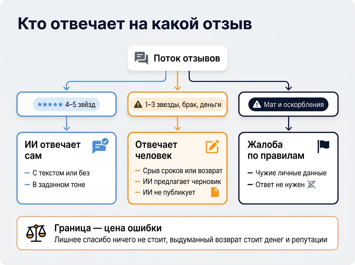 Схема: отзывы 4–5 звёзд отвечает ИИ, негатив человек, оскорбления уходят в жалобу