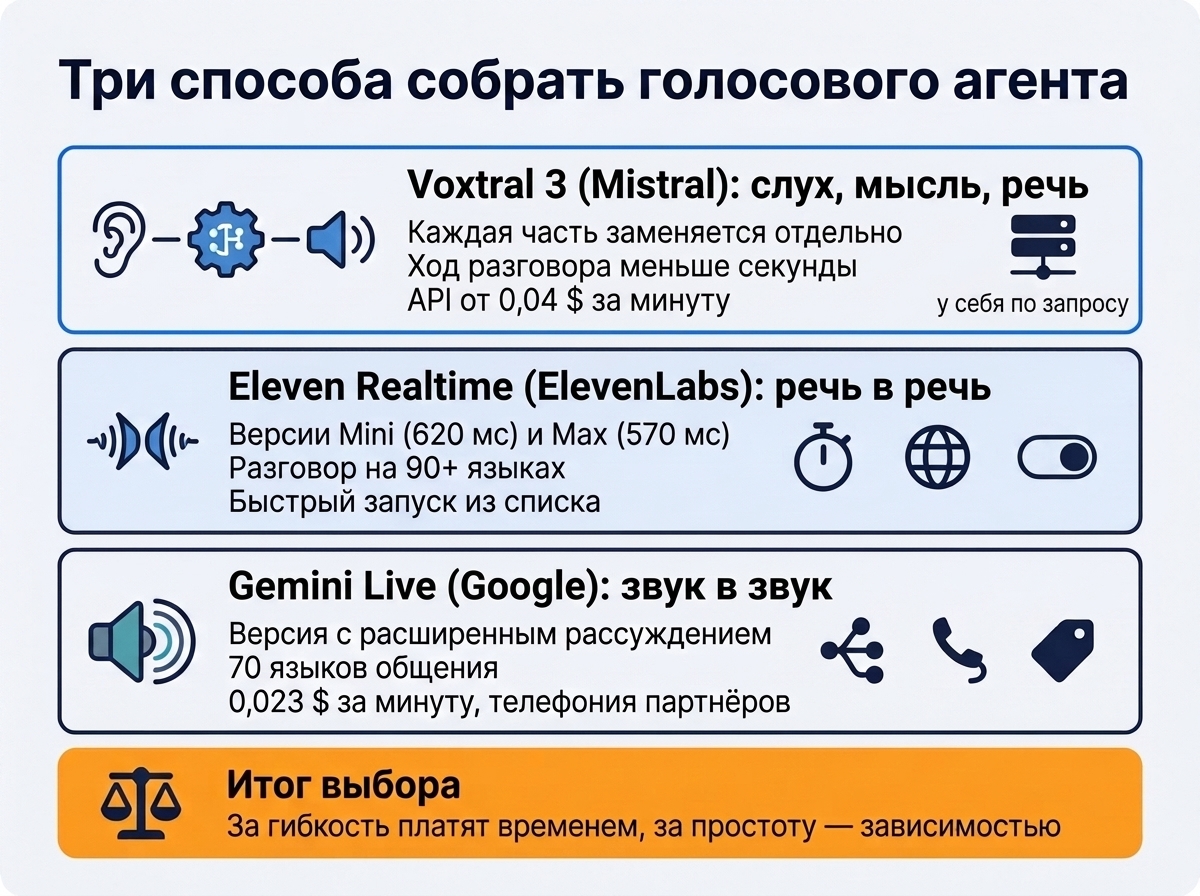 Три способа собрать голосового агента: сборная схема Voxtral 3, единая модель Eleven Realtime и Gemini Live