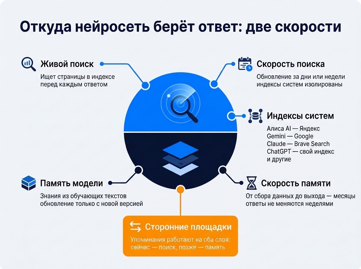 Две скорости: живой поиск обновляется за дни и недели, память модели — только с новой версией